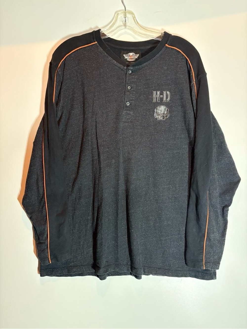 Vintage Harley-Davidson Men's Black Long-Sleeve Henley with Orange Piping